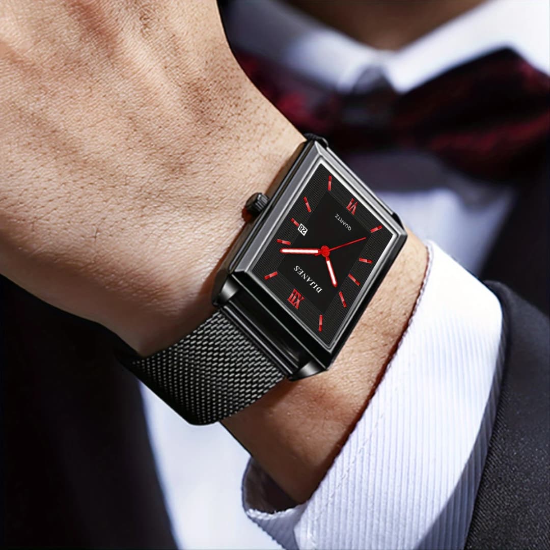 ساعة يد كوارتز مستطيلة من الفولاذ المقاوم للصدأ للرجال، حزام جلد، ساعات عمل أنيقة، ريلوجيو ماسكولينو - 6