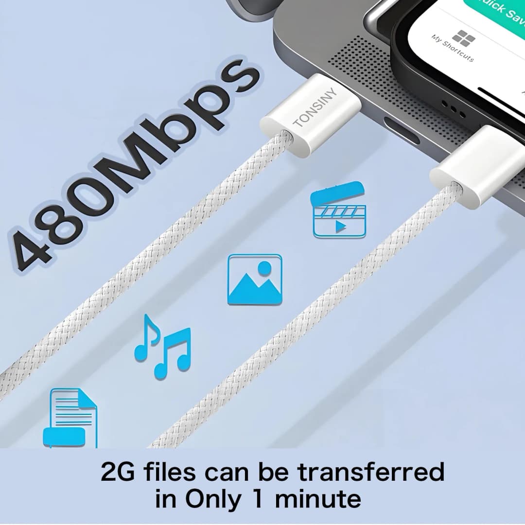 كابل USB-C أصلي لهواتف آيفون 17 و16 و15 برو ماكس، شحن سريع بقوة 60 واط لهواوي وشاومي وسامسونج، كابل منسوج من النوع C وملحقاته - 5