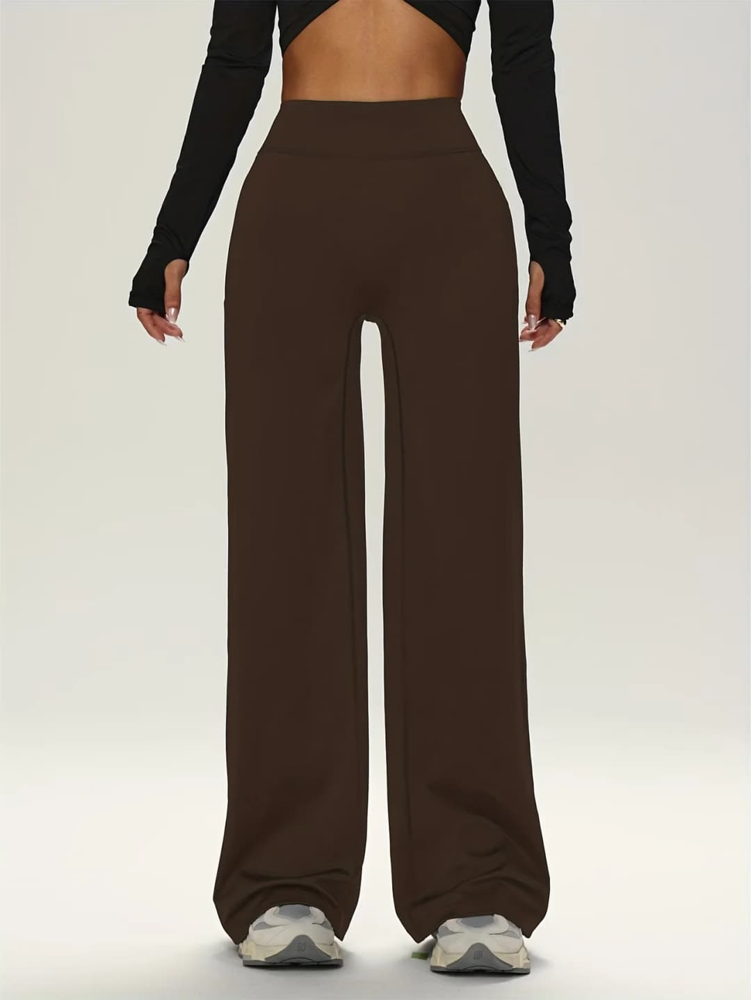 بنطلون رياضي بني مستقيم واسع الأرجل تصميم خصر نحيف مناسب للتمرين في الجيم والجري - 5