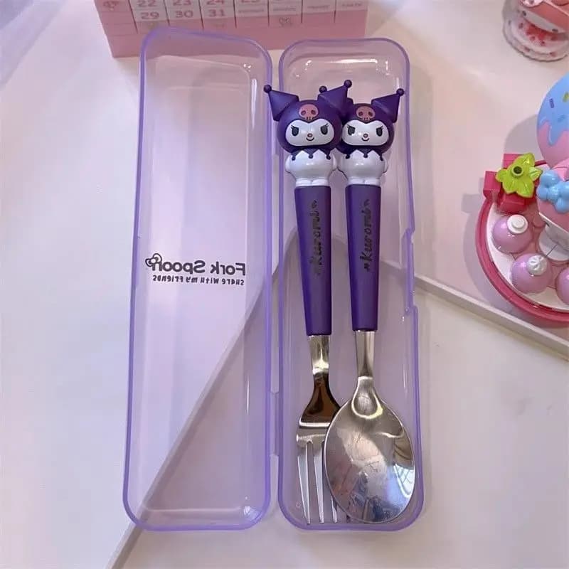 New Kuromi Hello Kitty Cinnamoroll Spoon Fork 2 Pcs Set Stainless Steel Cartoon Cute Kid Tableware Kitchen Supplies Gift - 4