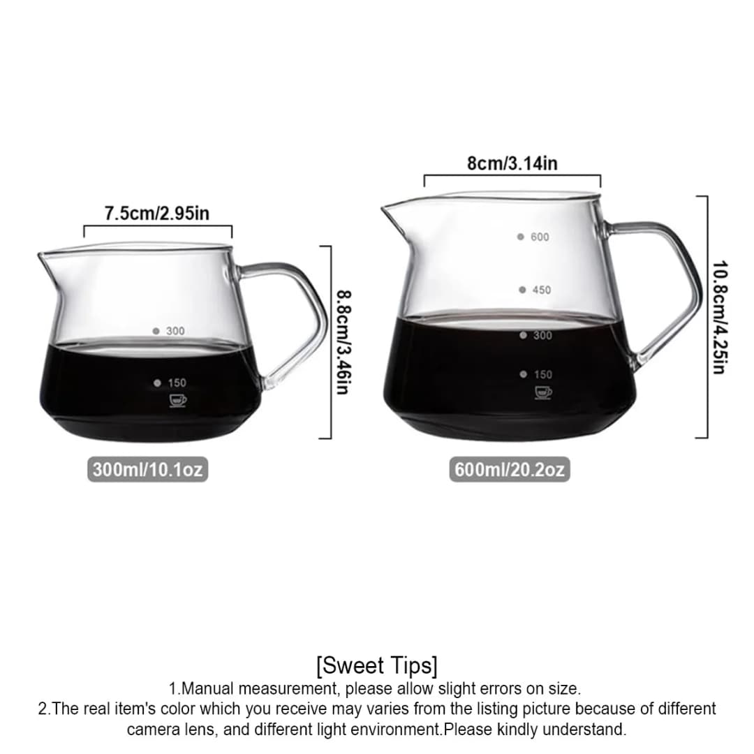 Glass Coffee Server with Handle For Pour Over Coffee & Tea - 300ml/600ml , Microwave Safe, Heatproof Thick Glass Body - 3