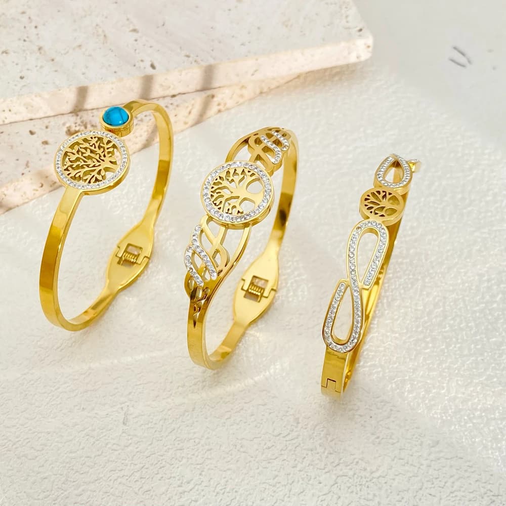 Luxury Stainless Steel Tree of Life Open Bracelet For Women Men Gold-color Cubic Zircon No Fade Color Lucky Cuff Bangle Jewelry - 2