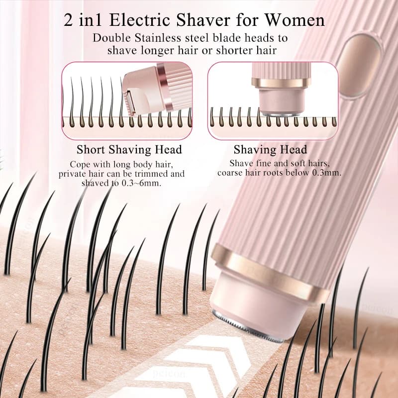 Women's Electric Shaver 2-in-1 Bikini Area Hair Trimmer Cordless Waterproof Rechargeable Wet/Dry Use Dual-Head Detachable Razor - 3