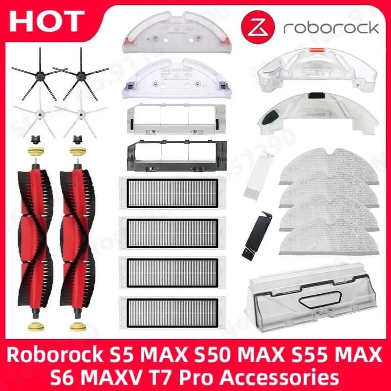 إكسسوارات مكنسة كهربائية Roborock S5 MAX S50 MAX S55 MAX S6 MAXV فلتر HEPA فرشاة جانبية/رئيسية صينية خزان ماء ممسحة صندوق غبار