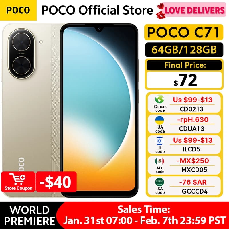 POCO C71 Global Version Smartphone UNISOC T7250 Processor Immersive 6.88" Display 32MP Al Dual Camera 15W Charging 5200mAh