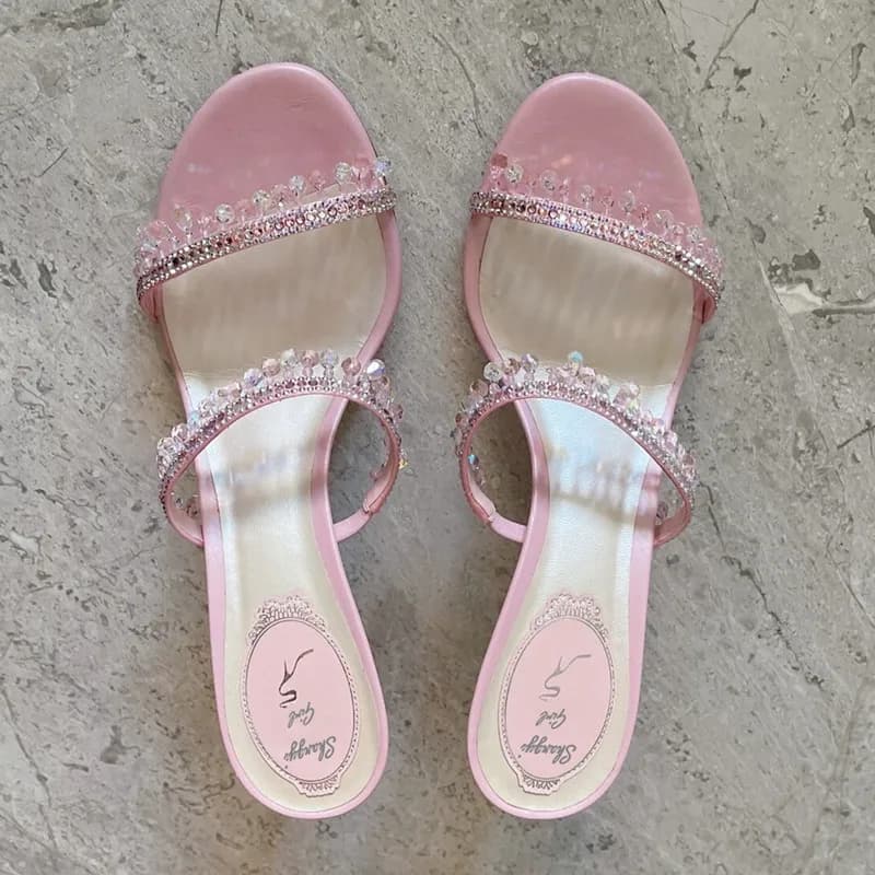 2025 Summer New Sexy Women Sandals Thin Heel Rhinestone High Heels Open Toe Backless Slippers Fairy Style