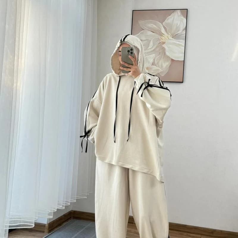 Muslim Suit Women Hoodie Top Wide Leg Pants 2 Piece Set Trousers Hooded sweatshirt Ensemble Sporty Stripe Outfits Tracksuit - 2