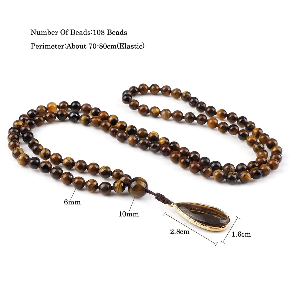عقد سبحة رجالي كلاسيكي 108 حبة مالا، حجر عين النمر الطبيعي 6 مم، حبات أونيكس، قلادة تسبيح بتعليقة، هدية مجوهرات يوغا للنساء - 6