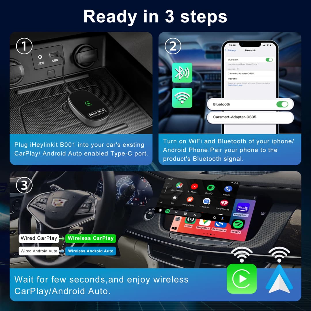 محول iHeylinkit 2 في 1 من Wired إلى Wireless CarPlay Android Auto صندوق صغير ذكي تشغيل فوري واي فاي اتصال سريع إكسسوارات سيارة - 3