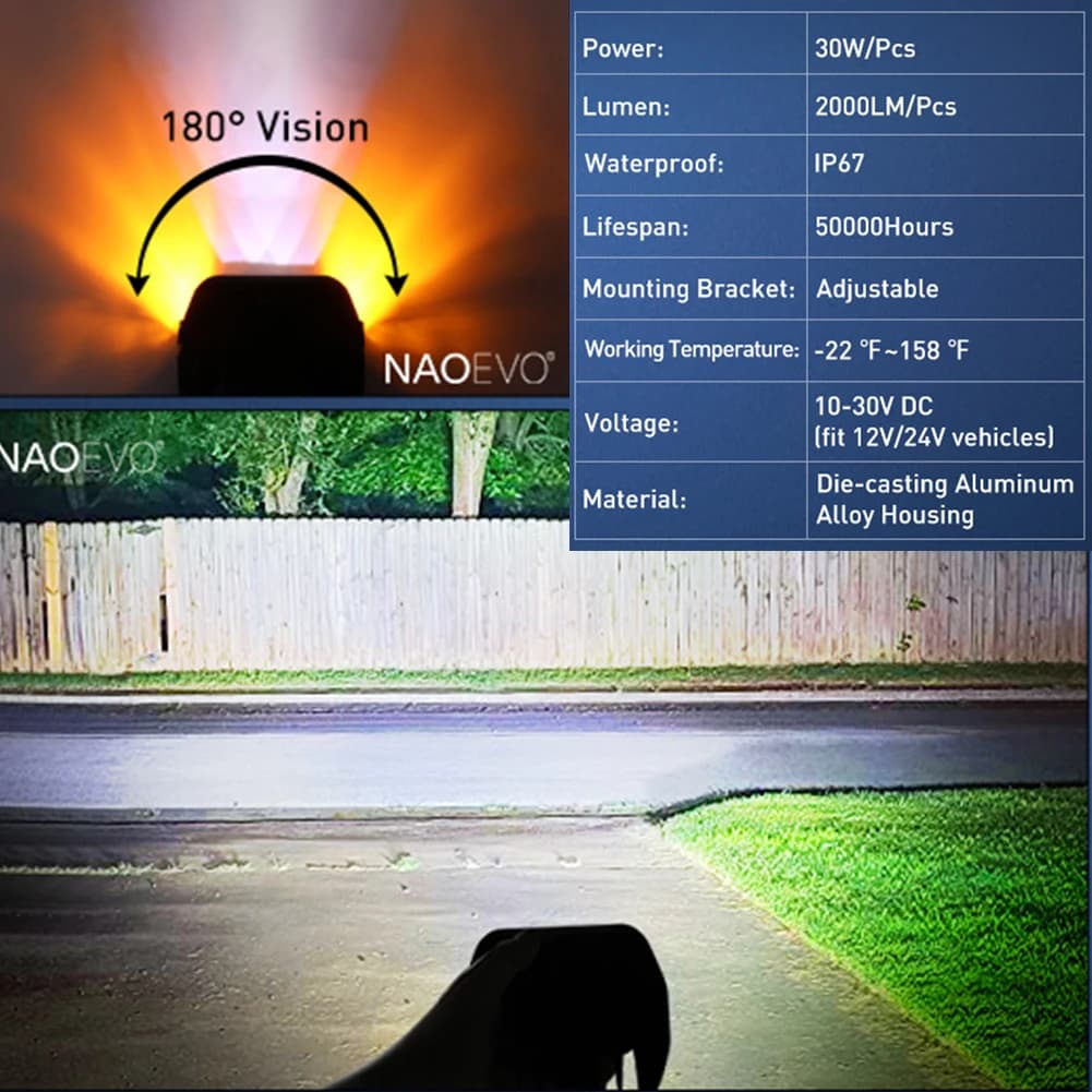 NAOEVO 4inch Work Light Side Shooter 60W White & Amber Strobe  for Emergency Off Road Fog Driving HeadlightsTruck LED Light Bar - 6