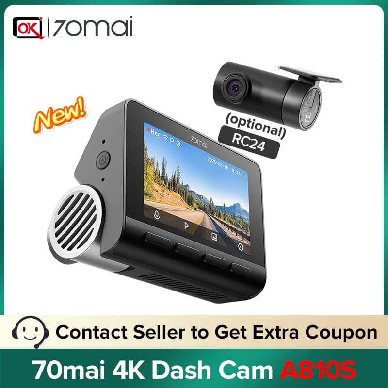 70mai 4K Dash Cam A810S Dual IMX Sensor Front 4K 30FPS Rear 1080P HDR Buffered Emergency Recording Supercapacitor Night Vision