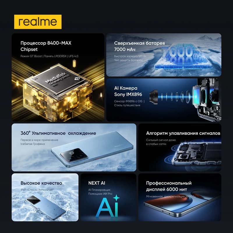 هاتف ريلمي GT 7T الذكي 5G، معالج الأبعاد 8400-MAX، بطارية 7000 مللي أمبير، شحن 120 واط، كاميرا 50 ميجابكسل سوني IMX896، شاشة 6.8 بوصة AMOLED - 2