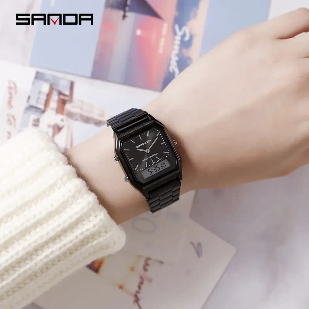 SANDA P747  Watch Luxury Mens Style Watches Stainless Steel Women LED Digital Dual Display Clock Unisex Waterproof Sports Quartz - 5