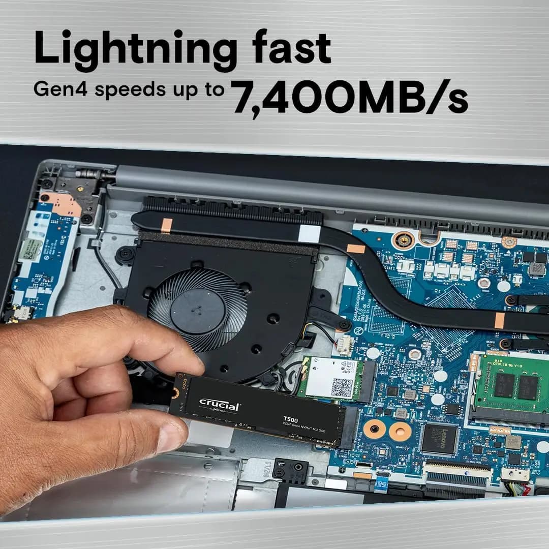 قرص صلب داخلي Crucial T500 بسعة 1 تيرابايت NVMe PCIe Gen4 M.2 2280 بسرعة تصل إلى 7400 ميجابايت/ثانية لأجهزة الألعاب PS5 والكمبيوتر المحمول - علبة البيع بالتجزئة الأصلية - 3