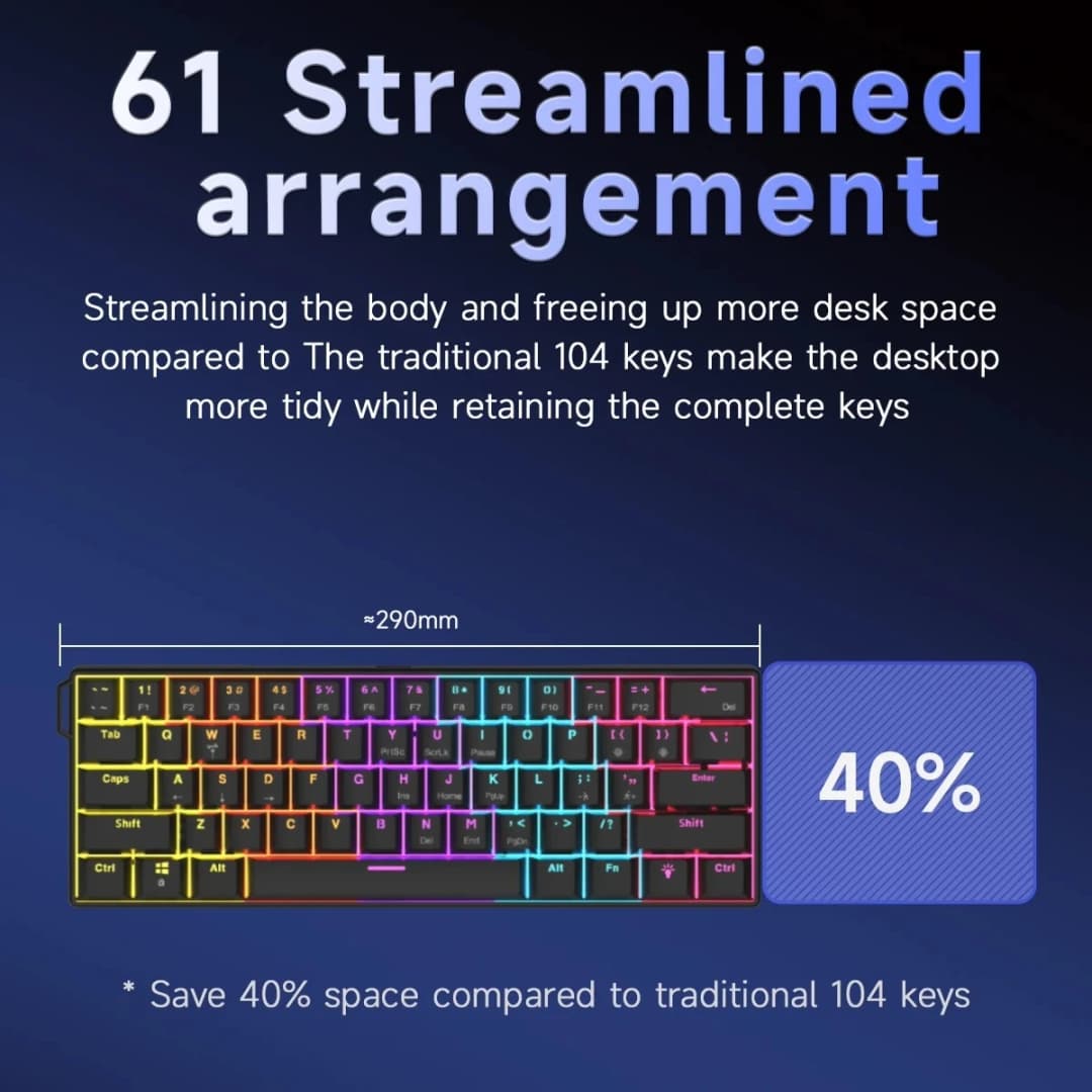 AJAZZ NK61 Wired Mechanical Keyboard 61 Keys 60% Compact  Hot Swappable Red Switch RGB Backlit Portable for Gaming Laptop Gamer - 2