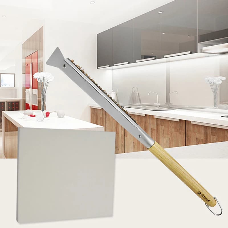 فرن بيتزا المطبخ، فرشاة نحاسية، مقبض خشبي، شواية نحاسية، فرشاة تنظيف صغيرة لتنظيف الفرن - 3