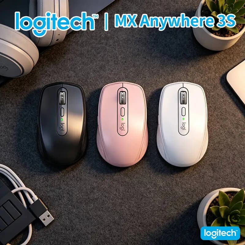 ماوس مدمج Logitech MX Anywhere 3S - 8000 DPI، عجلة MagSpeed، أزرار صامتة، شحن USB-C، اتصال متعدد الأجهزة