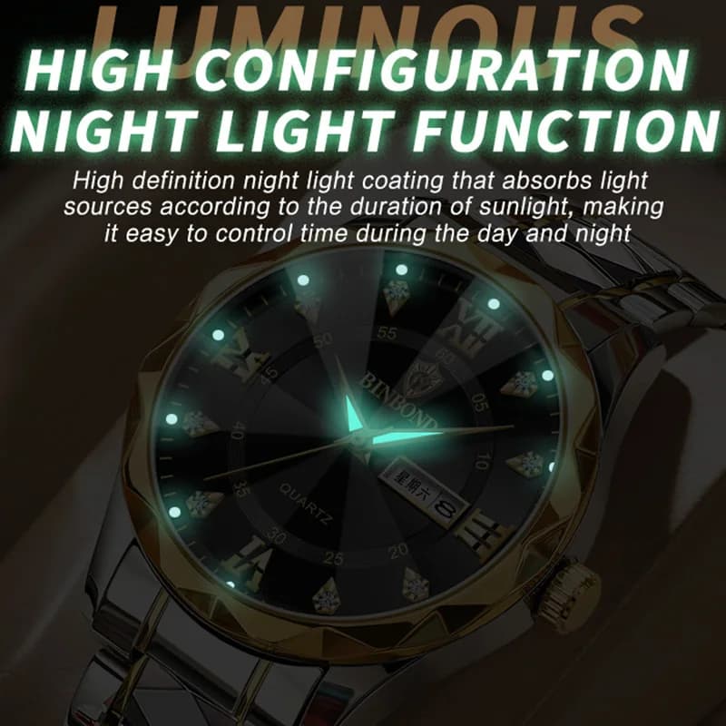 BINBOND Men Watch Stainless Steel Top Quailty Luxury Push Button Hidden Clasp Waterproof Luminous Date Week Sport Wrist Watches - 4