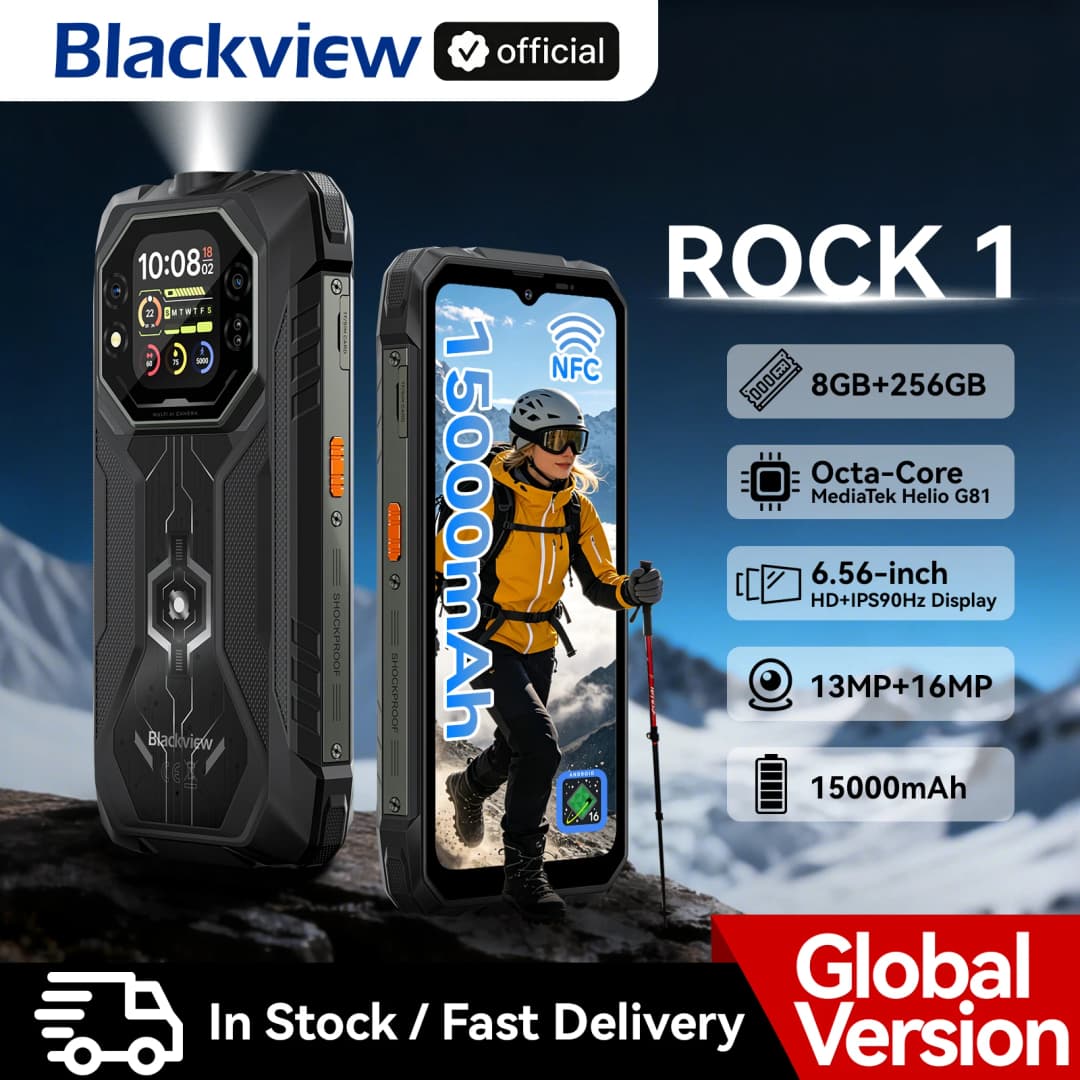 Blackview ROCK 1 AI Rugged Smartphone 6.56-inch 90Hz Display 256GB MediaTek Helio G81 4G Android 16 NFC Torch 15000mAh/33W