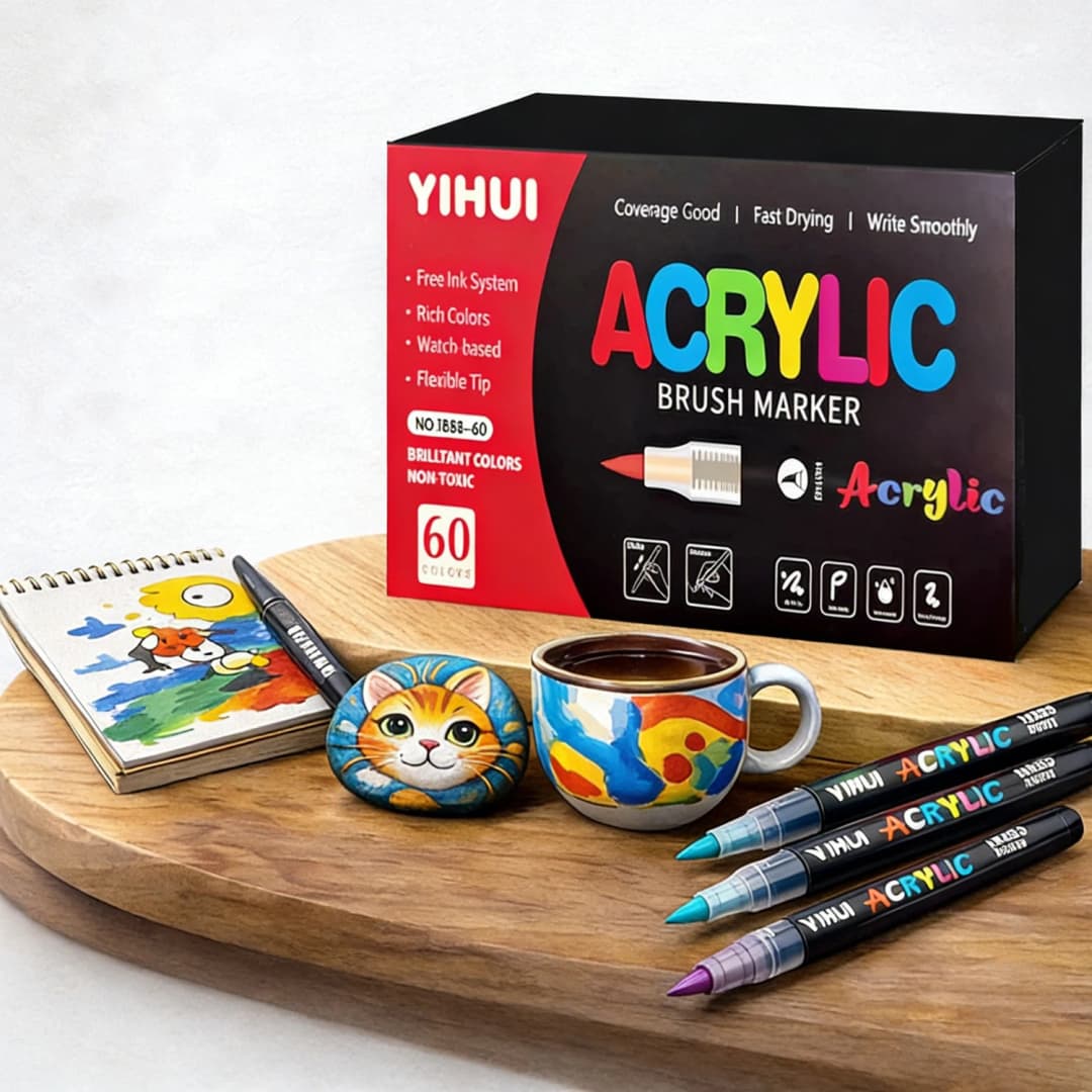 12-60 Colors Brush Tip Acrylic Markers Set Art Supplies for Rock Wood Canvas Glass Ceramics Adult Coloring & DIY Crafts
