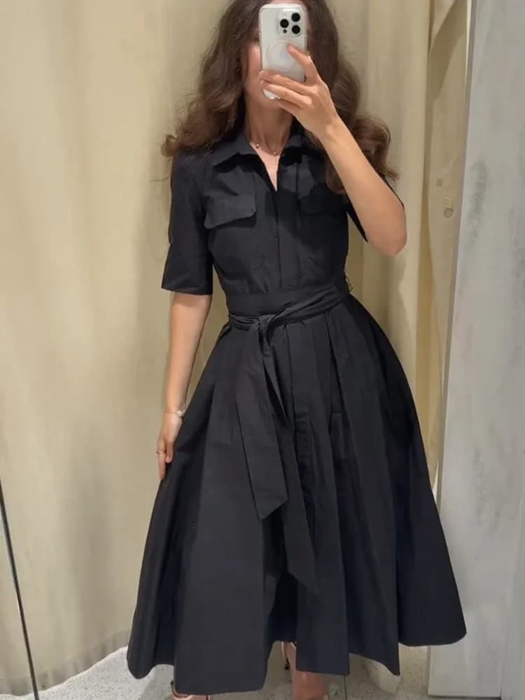 فستان ميدي بأكمام قصيرة، طية صدر السترة، تصميم أنيق، خصر ضيق، فستان طويل للحفلات والمساء - 3