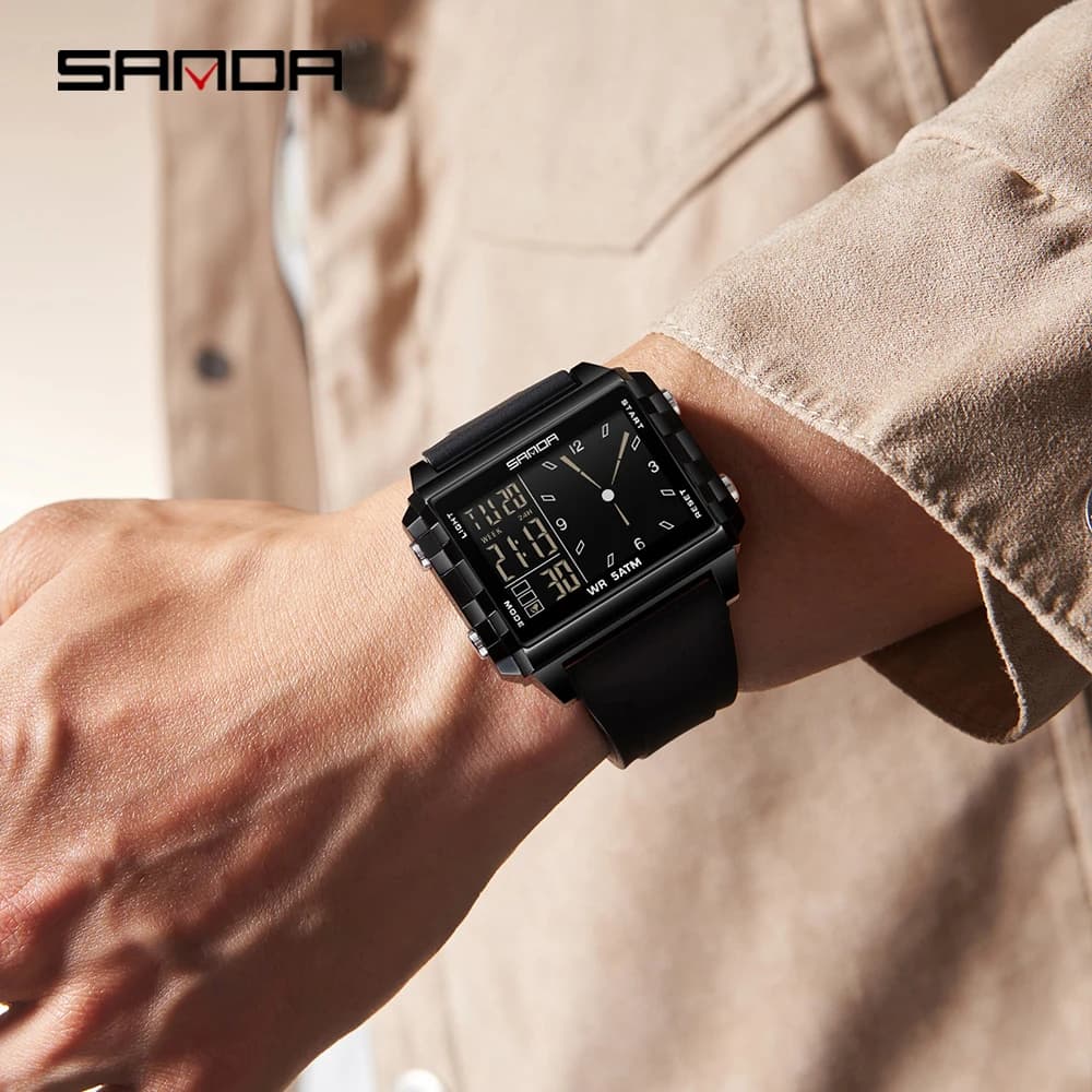 SANDA 6273 Wristwatch Square Dual Time Man Electron Analog Watch for Men Women Waterproof Count Down Timer Digital World Time - 5