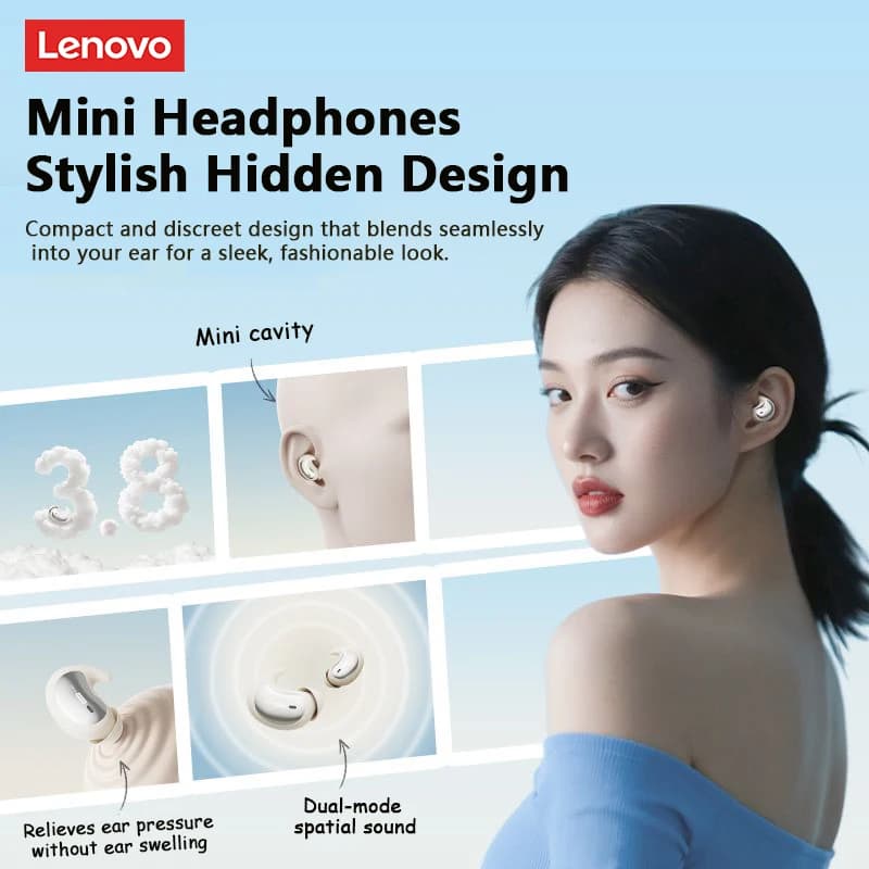 سماعات أذن لينوفو LE203 لاسلكية بلوتوث 6.0، داخل الأذن، صوت ستيريو، صغيرة وخفيفة، مريحة، إلغاء الضوضاء، سماعات نوم - 3