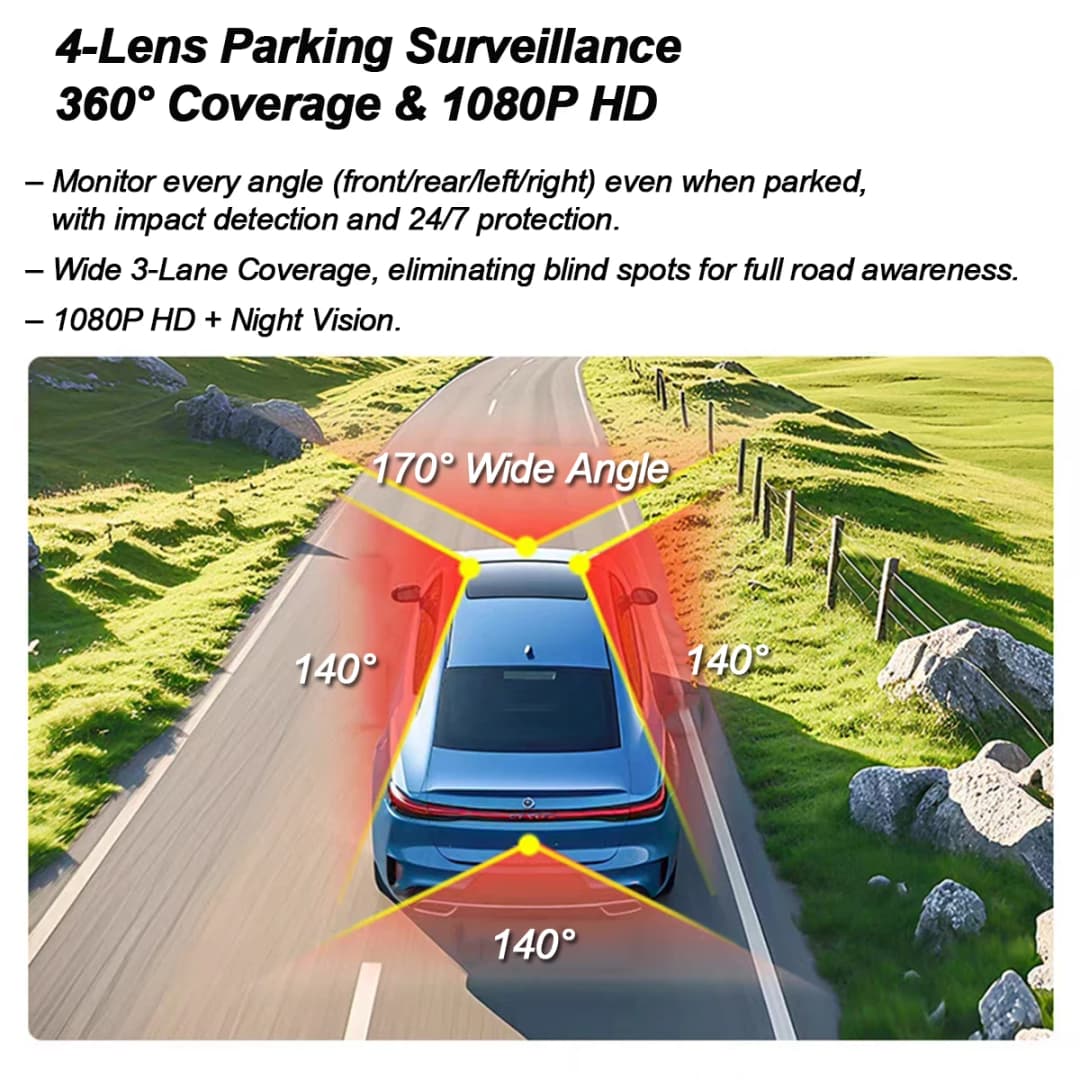 كاميرا سيارة DashCam 4 قنوات، 360 درجة، واي فاي، كاميرا أمامية وداخلية وخلفية قابلة للدوران، شاشة ركن 24 ساعة - 4