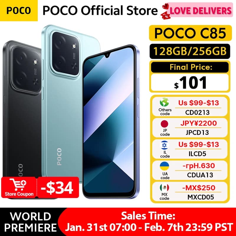 هاتف ذكي POCO C85 إصدار عالمي NFC 128GB 256GB معالج MediaTek Helio G81-Ultra شاشة 6.9 بوصة Dot Drop كاميرا رئيسية 50MP بطارية 6000mAh