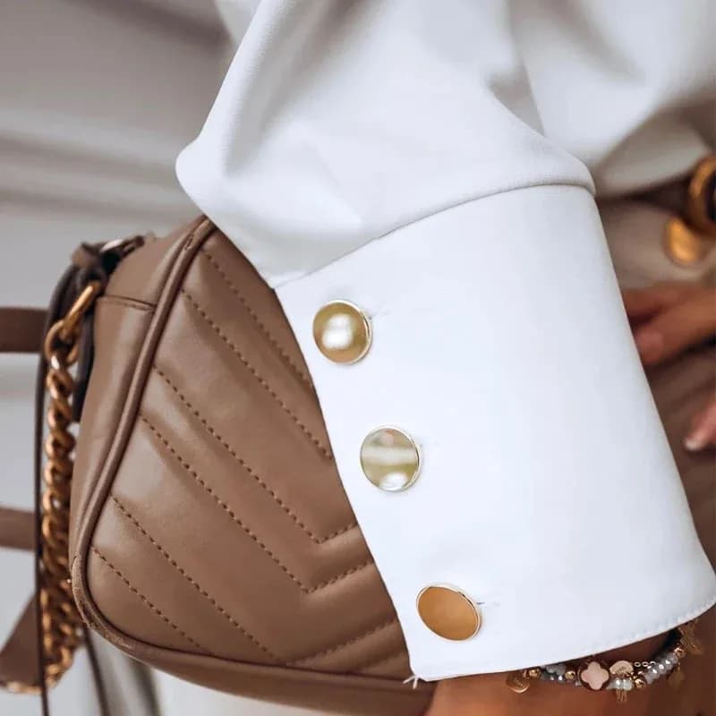 بلوزة نسائية بأكمام طويلة وياقة قائمة، أزرار، قميص أبيض وأسود فضفاض، موضة 2025 - 4