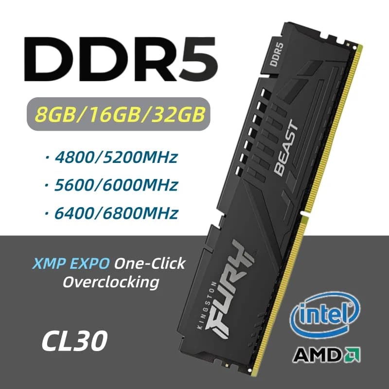 Kingston Fury Beast DDR5 CL30/40 Ram XMP EXPO Desktop Memory  8/16/32GB 4800 5200 5600 6000 6400 6800Mhz DIMM