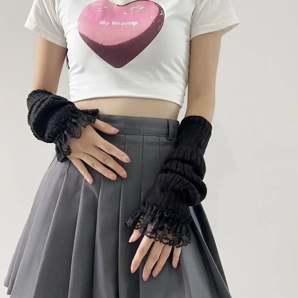 1Pair Fingerless Long Wrist Gloves Arm Warmers False Sleeves Knitted Gloves Finger Sleeves Cover Black White Half Finger Gloves - 3