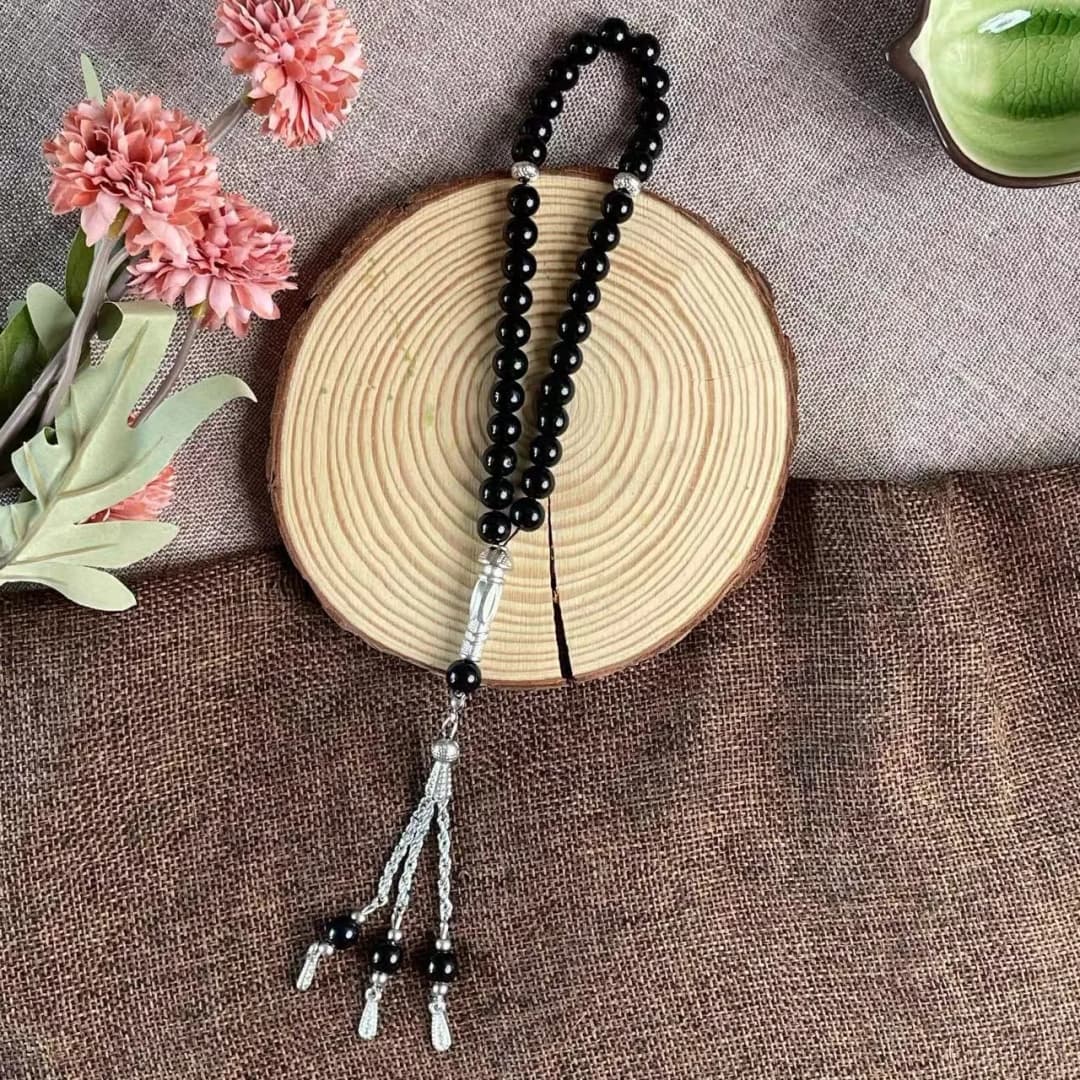 33 حبة خرز زجاجي أسود 8 ملم، مسبحة تسبيح إسلامية يدوية، شكل هندسي، أسورة تلاوة يومية للعبادة للجنسين - 2