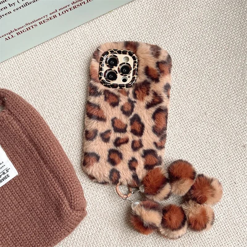 Fashion Leopard Furry Plush Lens Bracket Phone Case For iPhone 17Air 15 14 13 12 11 16 Pro Max With Wrist Chain Shockproof Cover - 3