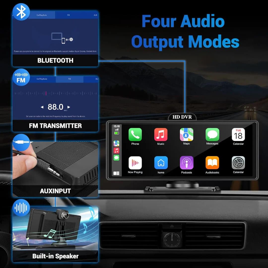 شاشة 10/11.26 بوصة 4K DVR مع CarPlay اللاسلكية وأندرويد أوتو، كاميرا داش بعدسة مزدوجة، بلوتوث، نظام تحديد المواقع والملاحة - 4