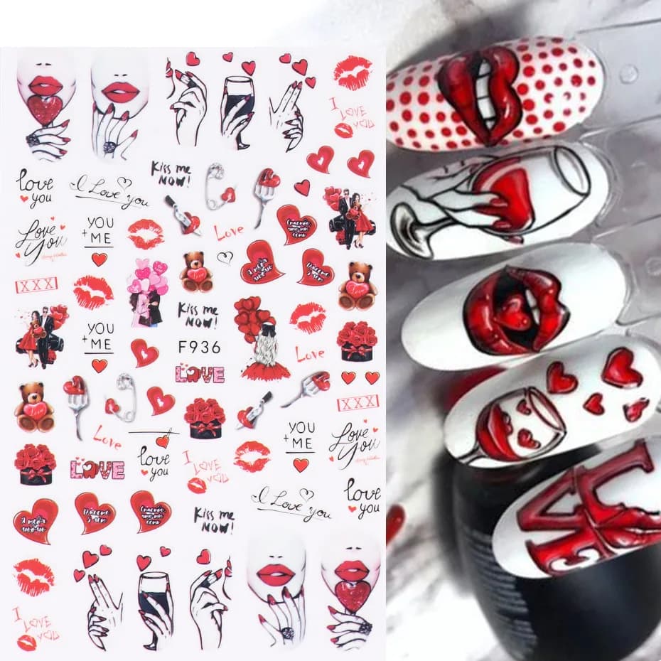 1PCS New Valentine's Day Nail Art Decal 3D Heart Red Lips Nail Stickers Nail Art Supplies DIY Adhesive Stickers Nail Slider