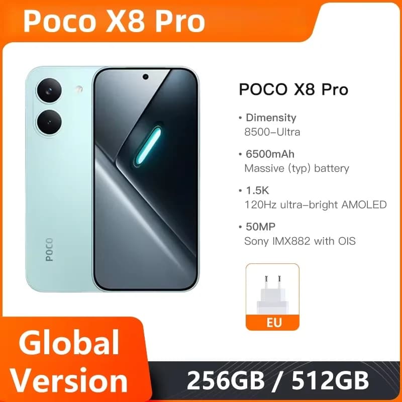 هاتف POCO X8 Pro 5G NFC الإصدار العالمي، معالج Dimensity 8500-Ultra، بطارية 6500 مللي أمبير في الساعة، شاشة AMOLED 6.59 بوصة بدقة 1.5K، شحن 100 واط HypeCharge 2026