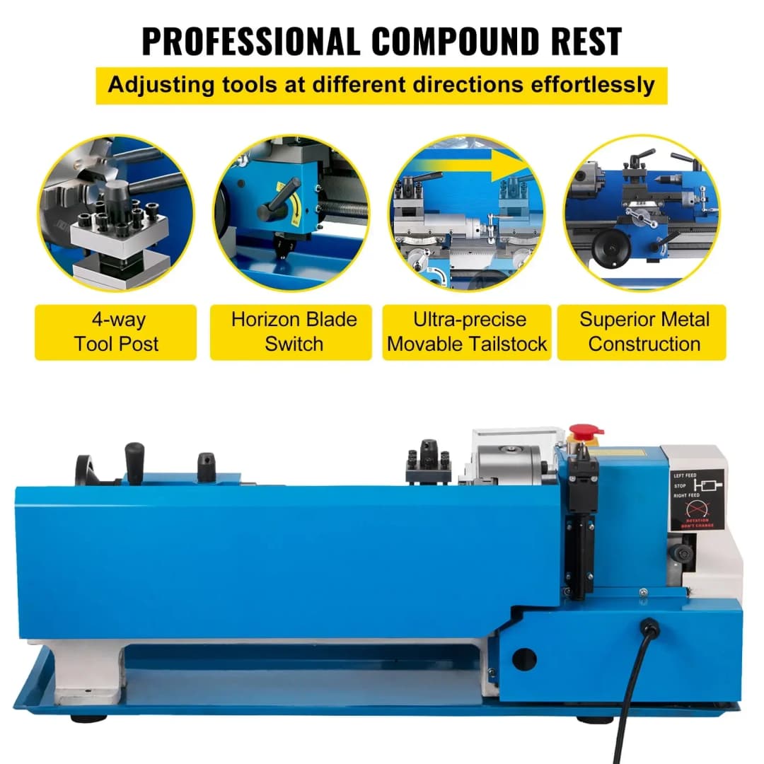 مخرطة معدنية صغيرة VEVOR مقاس 7"x12" لتشغيل المعادن والخشب مع تروس ومحرك طحن بسرعة 2250 دورة في الدقيقة - 6