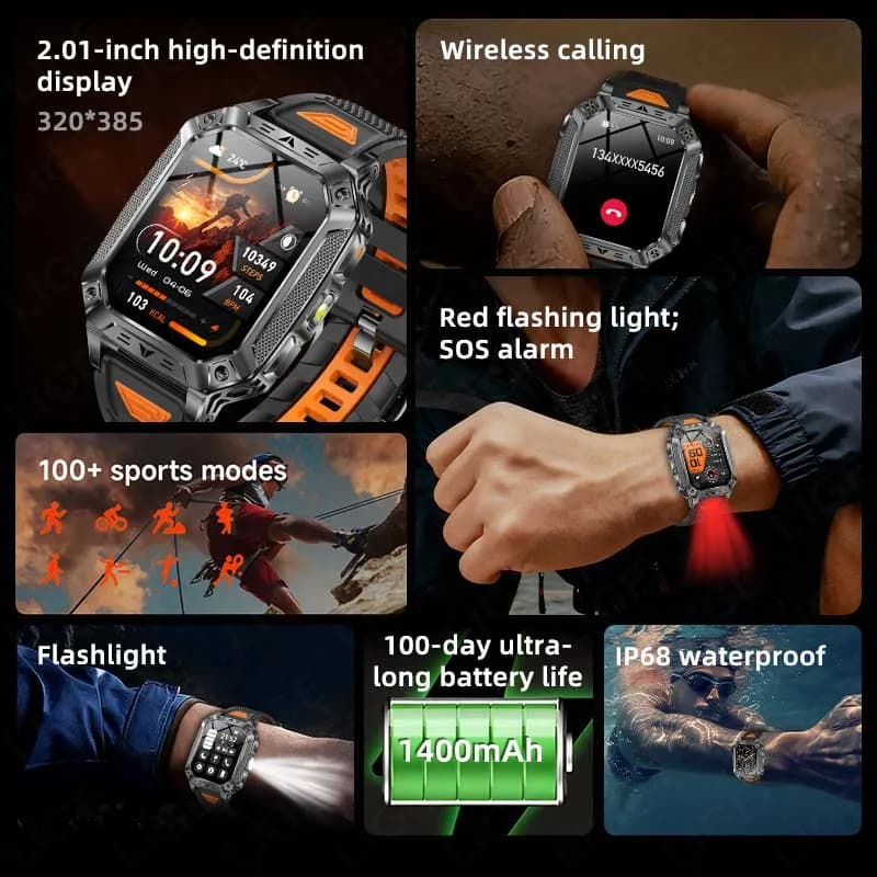 LIGE Built-in 1400mAh Super Large Battery Men Smart Watch Outdoor Flashlight IP68 Waterproof BT Call 2.01" New Smartwatch 2026 - 6