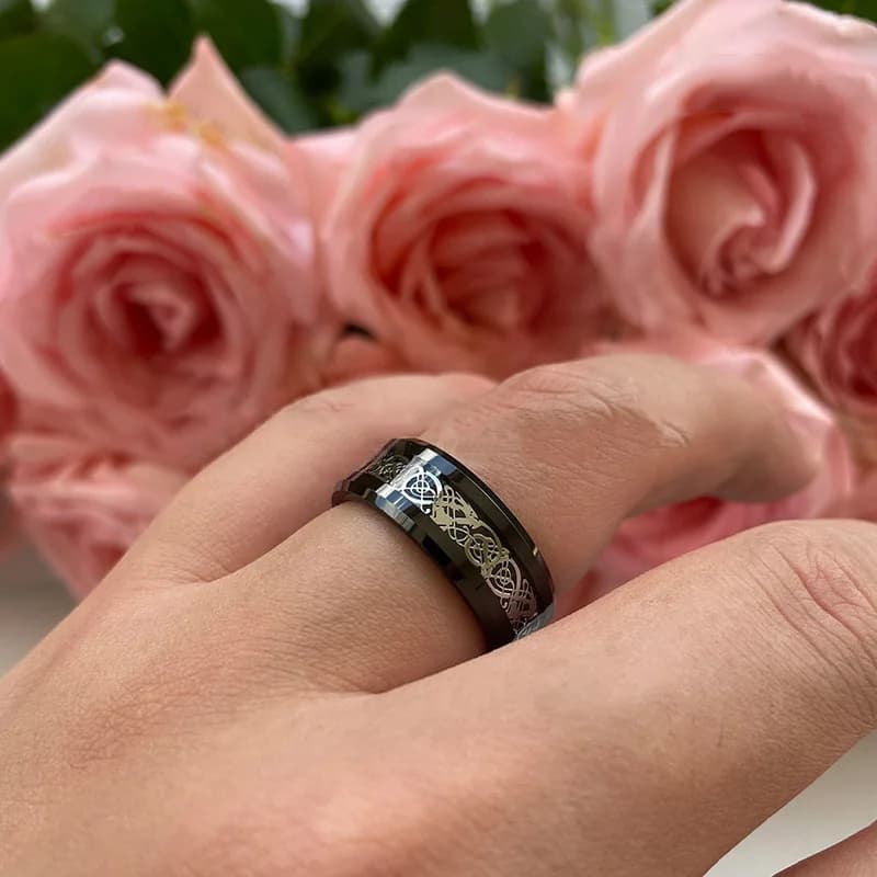 Classic 8mm Black Tungsten Wedding Celtic Dragon For Men Fashion Stainless Steel Red Carbon Fiber Ring Band - 6