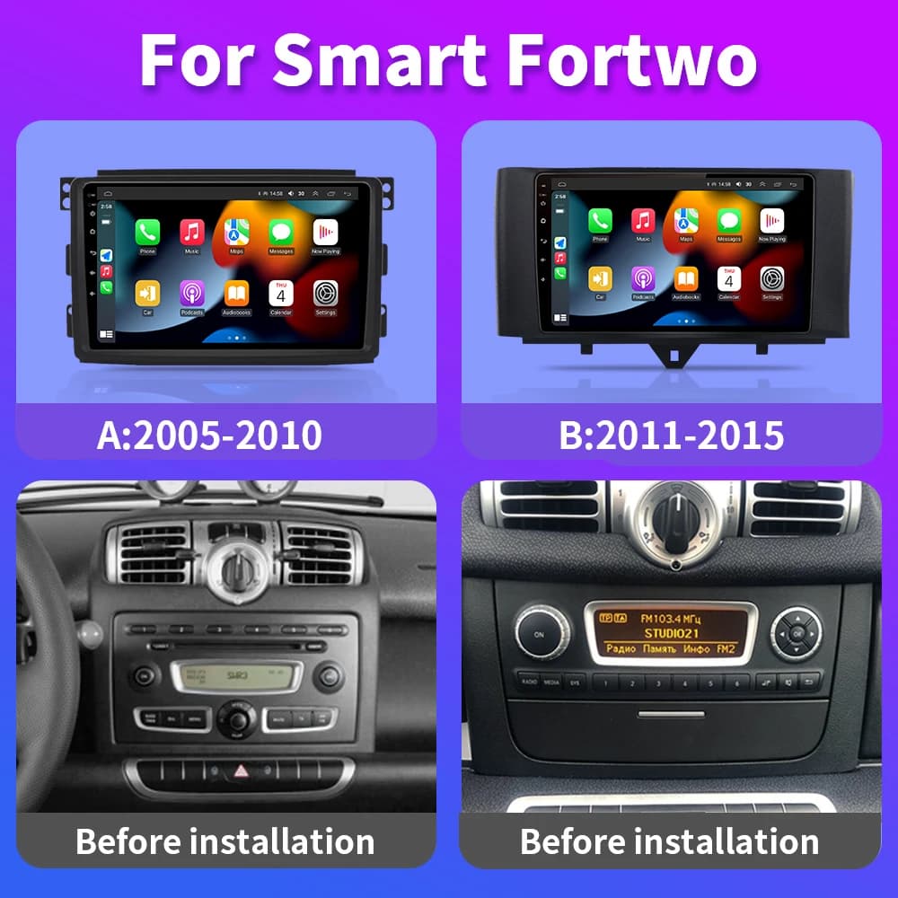 For Smart Fortwo 451 2005 - 2010 2010-2015 Multimedia GPS Navigation DSP RDS 4G SWC CarPlay 2Din 9inch Android Auto Car Radio - 2