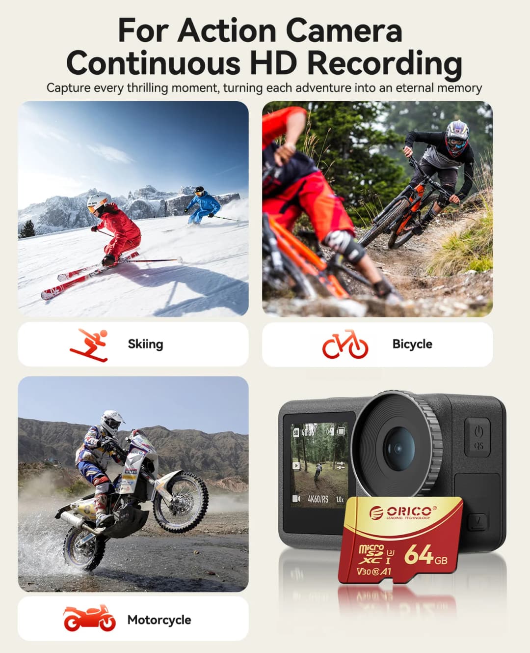 بطاقة ذاكرة ORICO 64GB microSDXC UHS-I، 180MB/s، تسجيل 4K UHD، U3، Class10، V30، A1، مايكرو إس دي لكاميرا الأكشن وكاميرا السيارة - 3