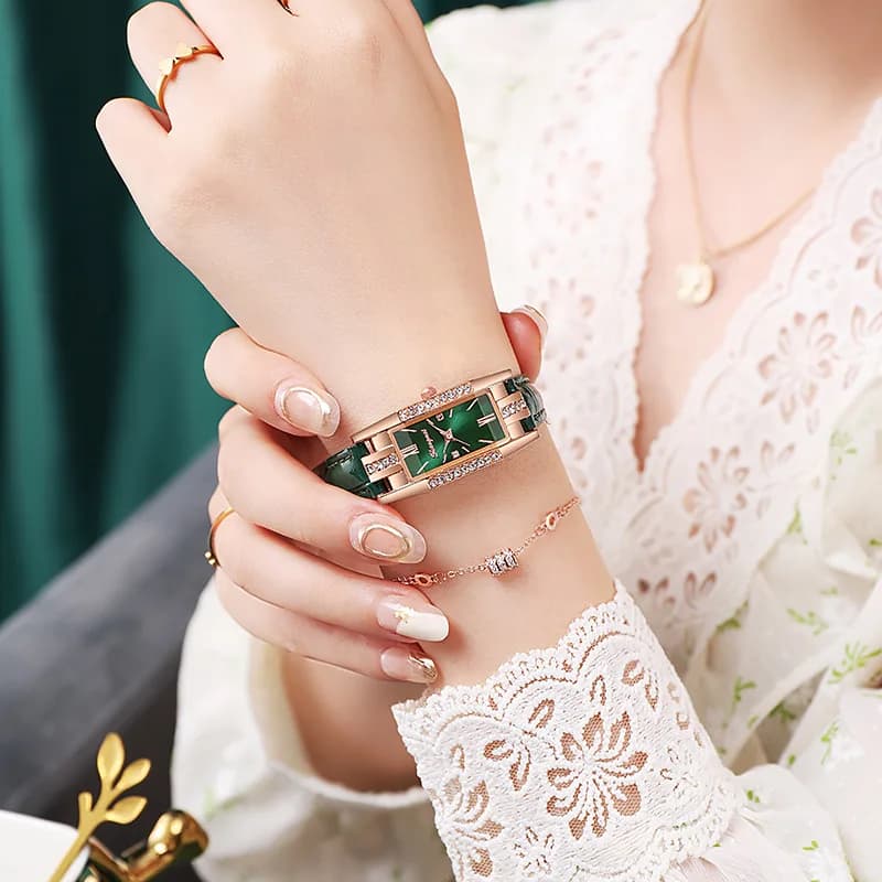 2 قطعة/المجموعة ساعات نسائية أنيقة مستطيلة بحزام جلدي وساعة كوارتز (بدون صندوق) - 2