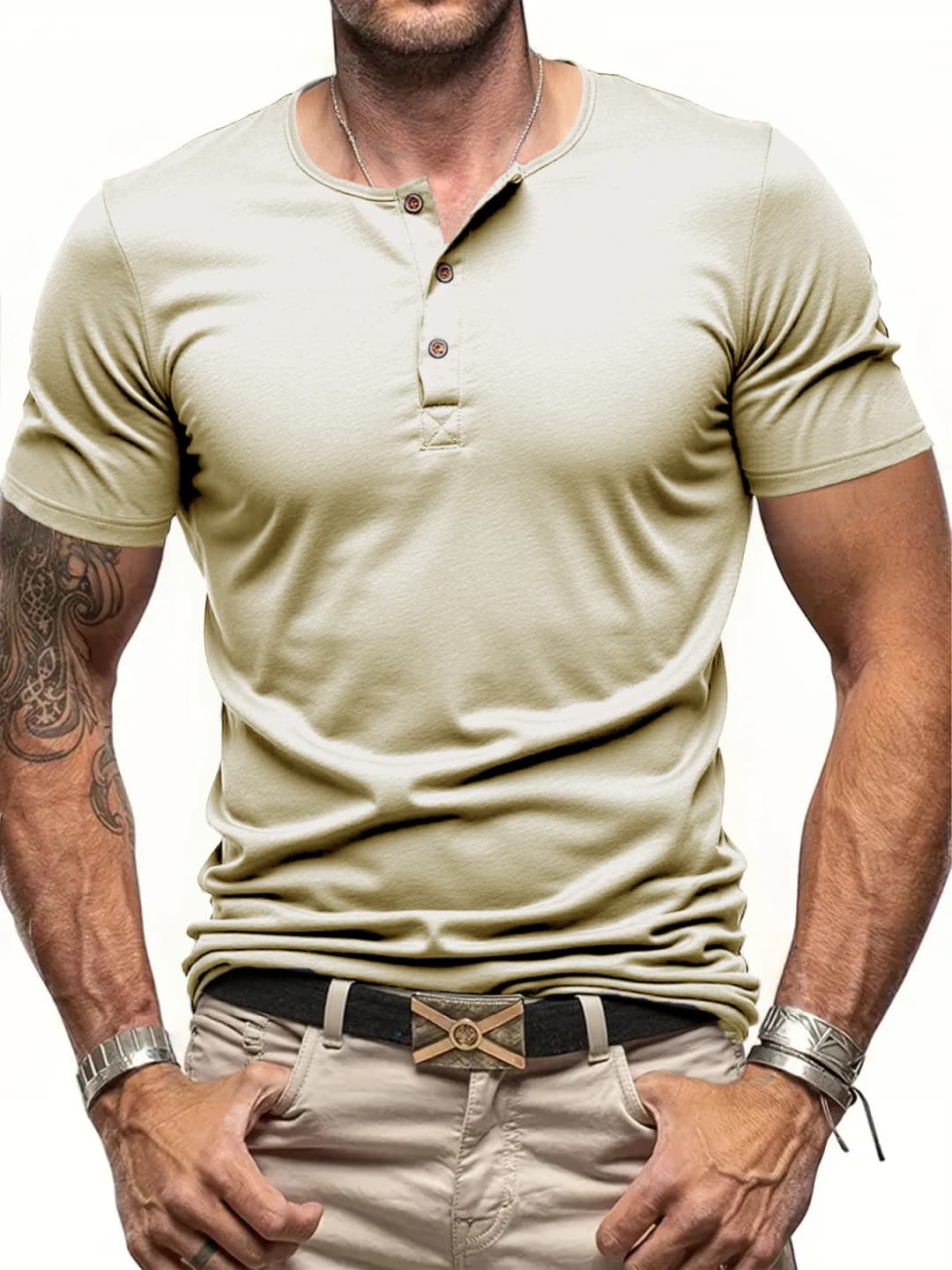 Summer Men's Solid Color Henley Shirt Light Breathable Short Sleeve Pull-on Collar Shirt for Men Casual Streetwear New Male Tops - 6