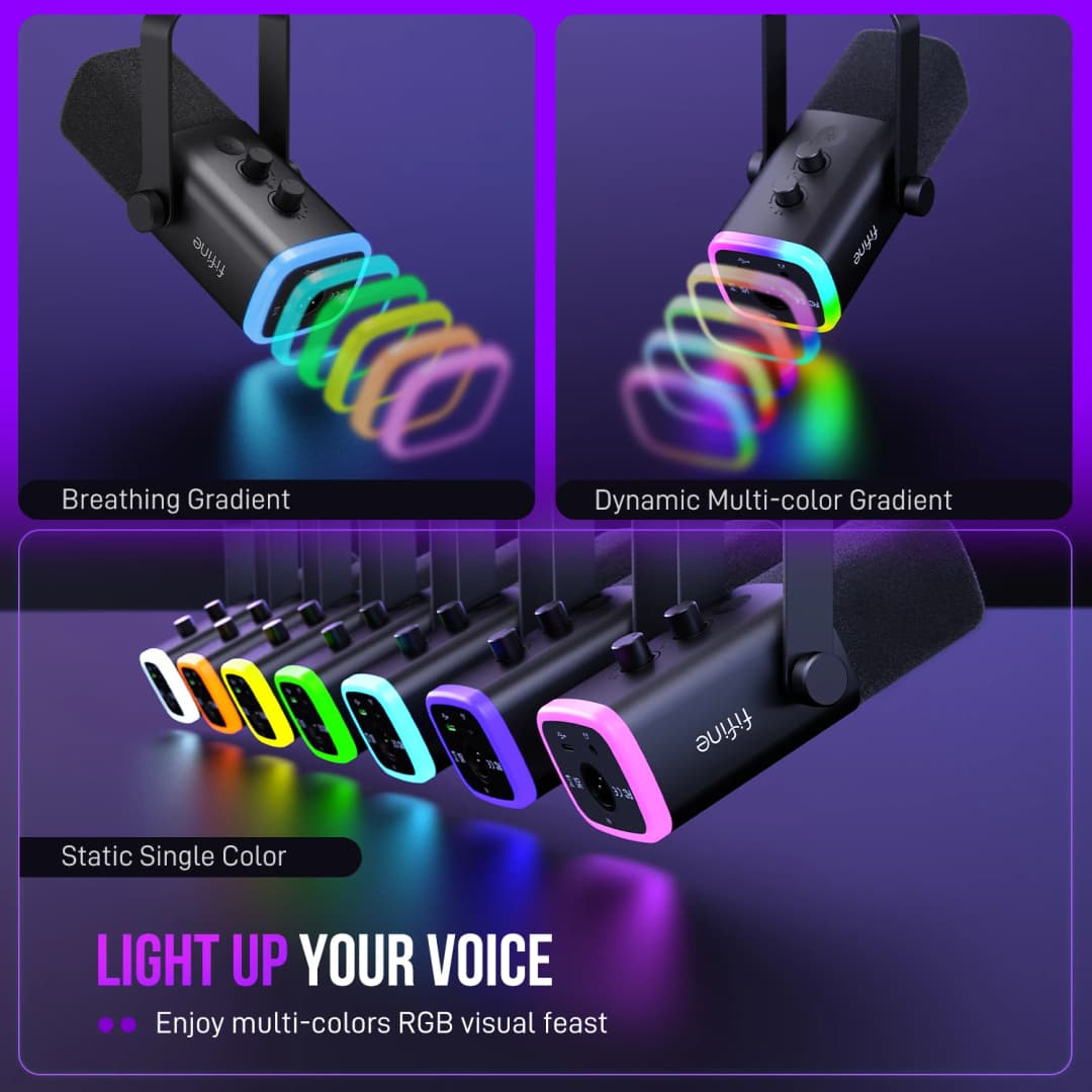 ميكروفون ديناميكي FIFINE USB/XLR مع تحكم RGB، مقبس سماعة رأس، كتم الصوت، لتسجيل ألعاب الكمبيوتر AmpliGame-AM8 - 6