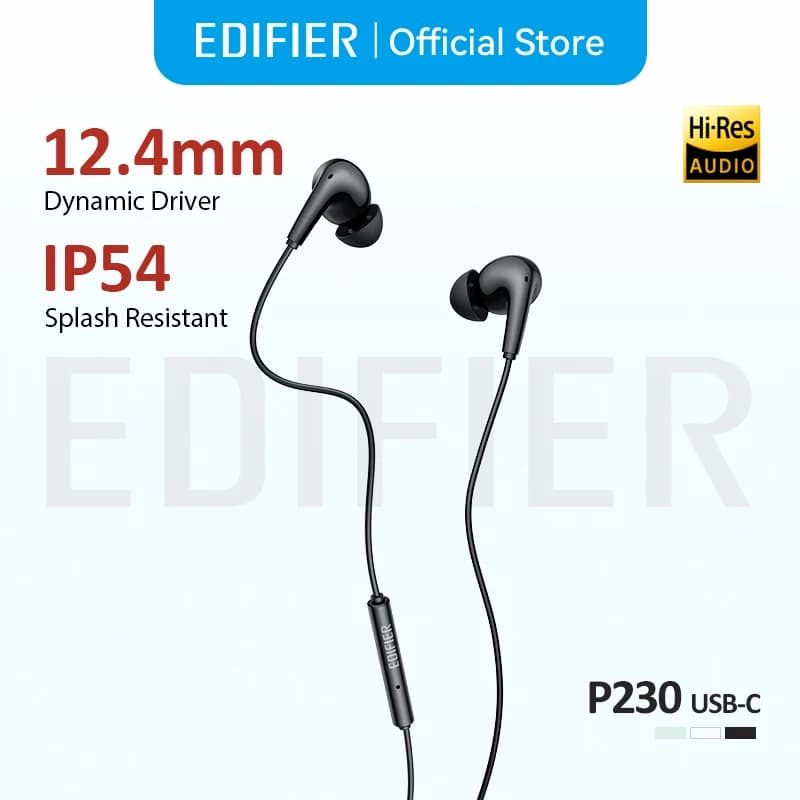 سماعات أذن سلكية Edifier P230 USB-C مع ريموت ومايك سماعات أذن داخلية عالية الدقة بمحرك ديناميكي 12.4 ملم مقاومة للغبار والرذاذ IP54