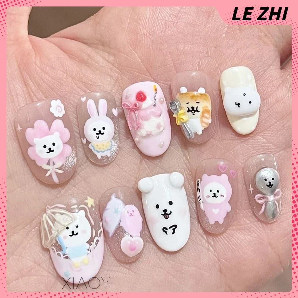 10Pcs Kawaii Rilakkuma Handmade Press On Nail Art Cartoon 3D Bowknot Strawberry Four Leaf Clover Pearl Nails Party Sticker - 6