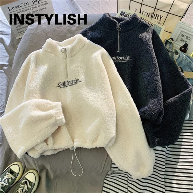 Women Stand Neck Fleece Cropped Hoodies Autumn Letter Embroidery Long Sleeve Drawstring Sweatshirt Elegant Plush Velvet Tops - 2