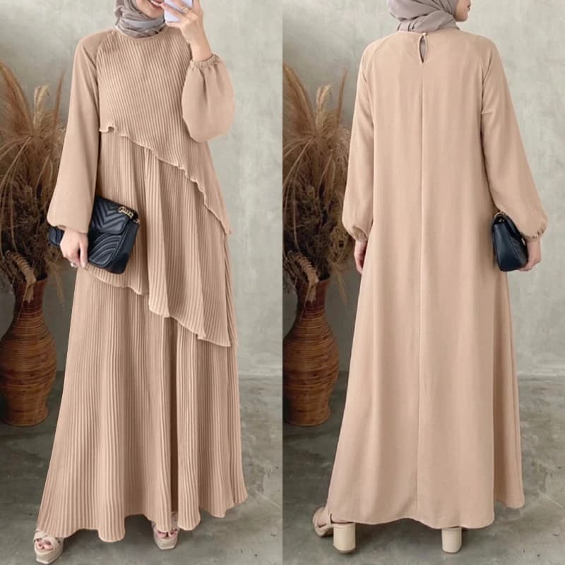 ZANZEA Patchwork Lantern Sleeve Abaya Robes Women Plisse Layered Elegant Maxi Dress Muslim Fashion Islamic Hijab Pleated Dress - 4
