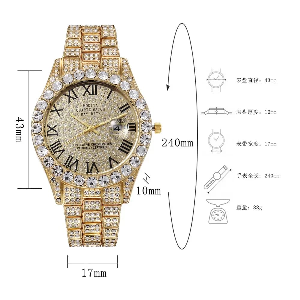 Hot Sale Diamond Bling Watch Men Gold Color Luxury Gift Quartz Watches Male Clock Dropshipping  Rhinestone Calendar Wristwatch - 6